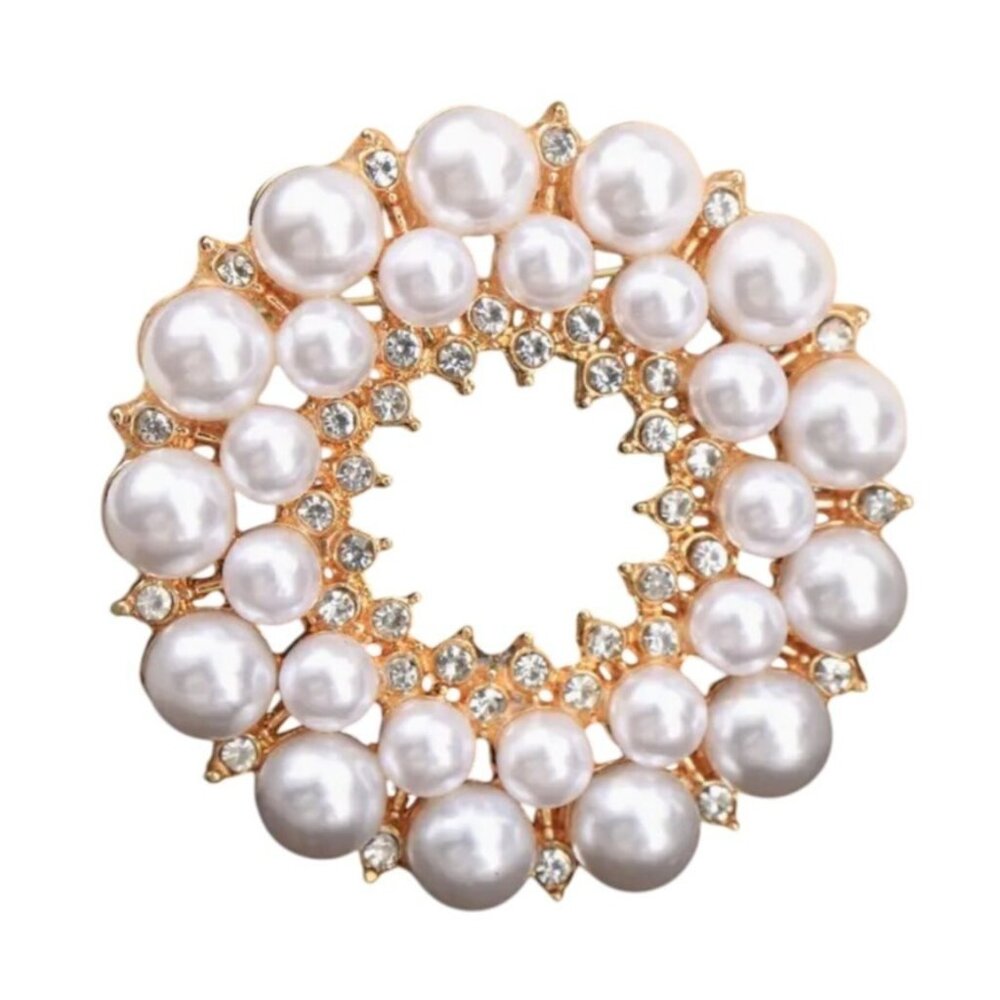 Elegant Pearl & Crystal Gold-Tone Circular Brooch Pin Jewelry